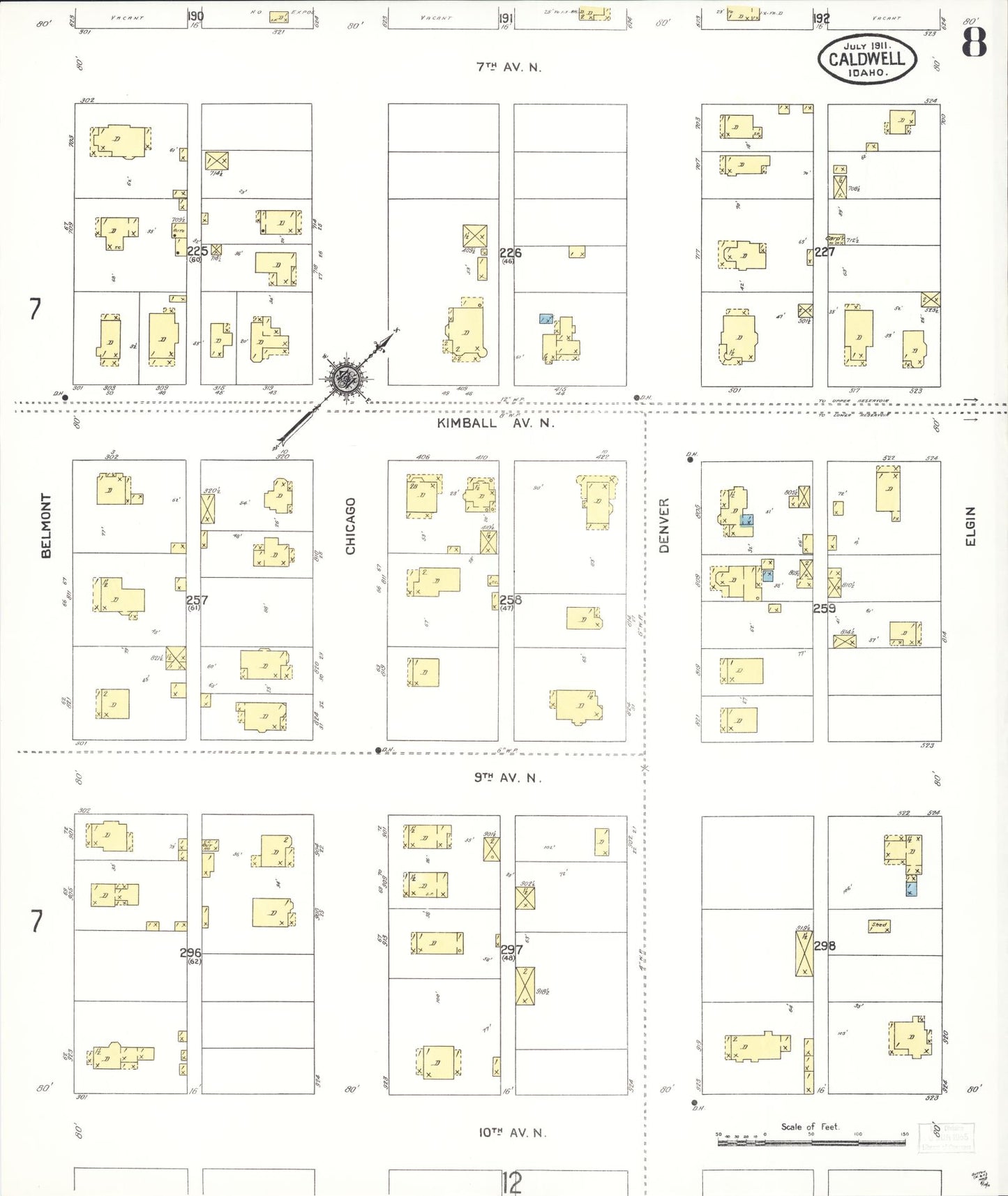 Sanborn Fire Insurance Map from Caldwell, Canyon County, Idaho (1911), Sheet #0008 - Historic Sanborn Fire Insurance Map Print, vintage old map wall art, antique decor, genealogy gift, Idaho Idaho map