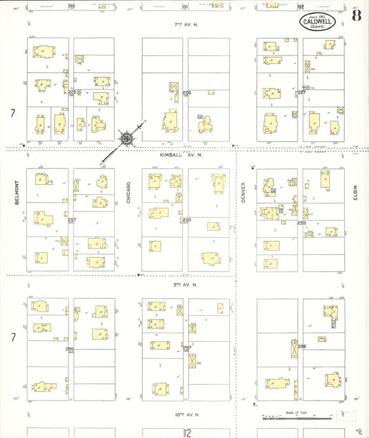Sanborn Fire Insurance Map from Caldwell, Canyon County, Idaho (1911), Sheet #0008 - Historic Sanborn Fire Insurance Map Print, vintage old map wall art, antique decor, genealogy gift, Idaho Idaho map