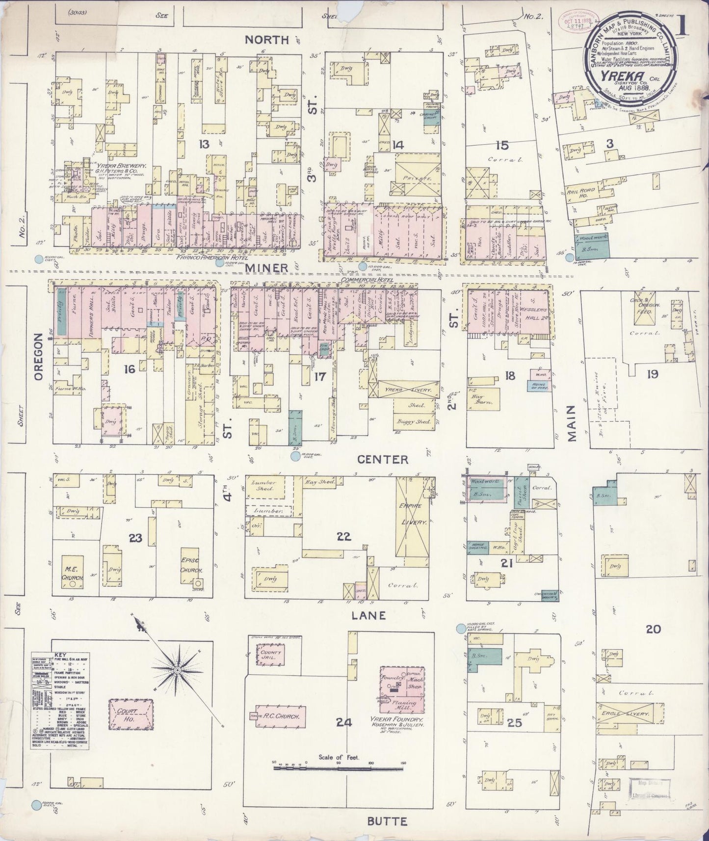 Sanborn Fire Insurance Map from Yreka, Siskiyou County, California (1888), Sheet #0001 - Complete Map Set gallery image, historic Sanborn map, vintage wall art, California California