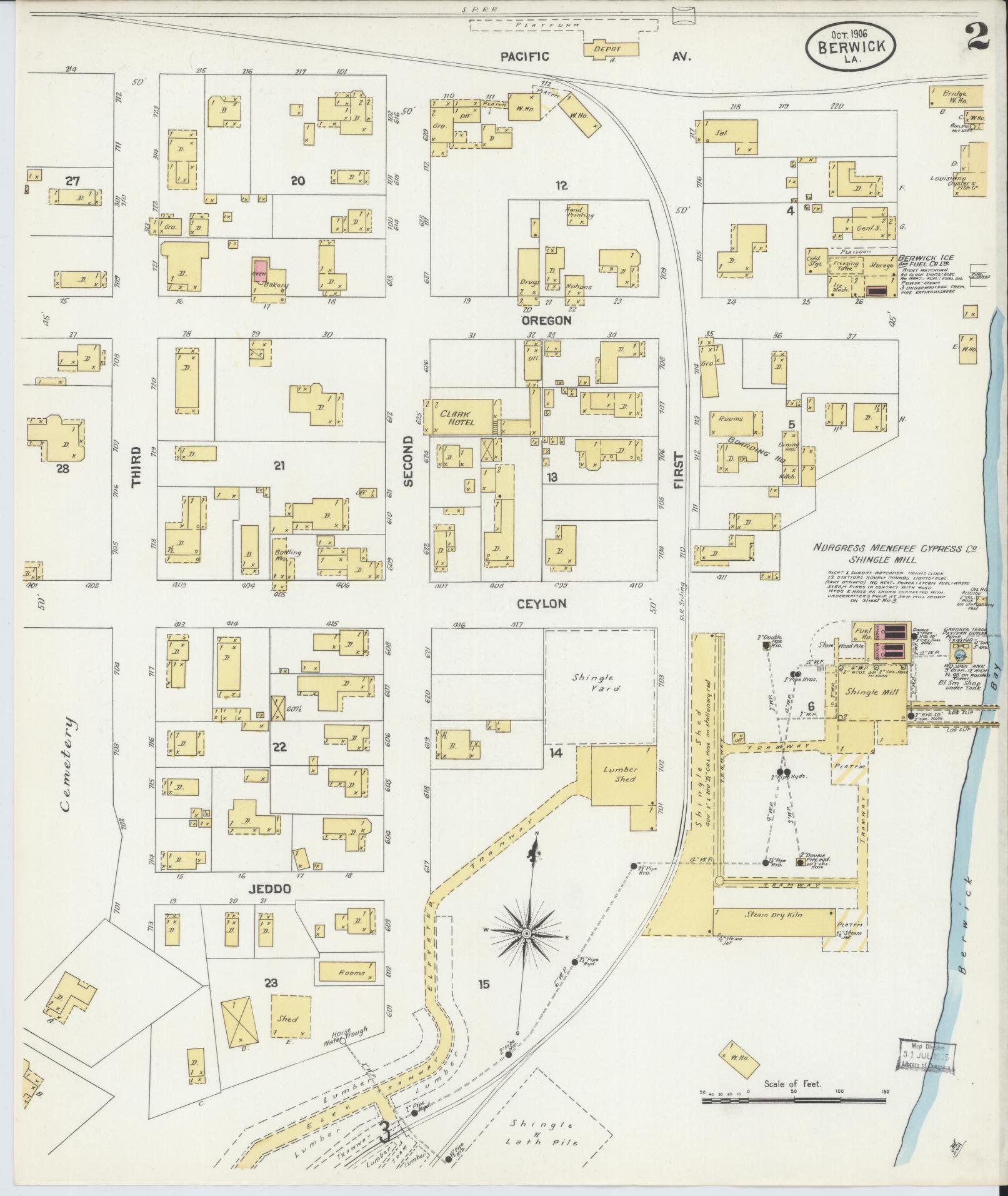 Sanborn Fire Insurance Map from Berwick, Saint Mary Parish, Louisiana (1906), Sheet #0002 - Complete Map Set gallery image, historic Sanborn map, vintage wall art, Louisiana Louisiana