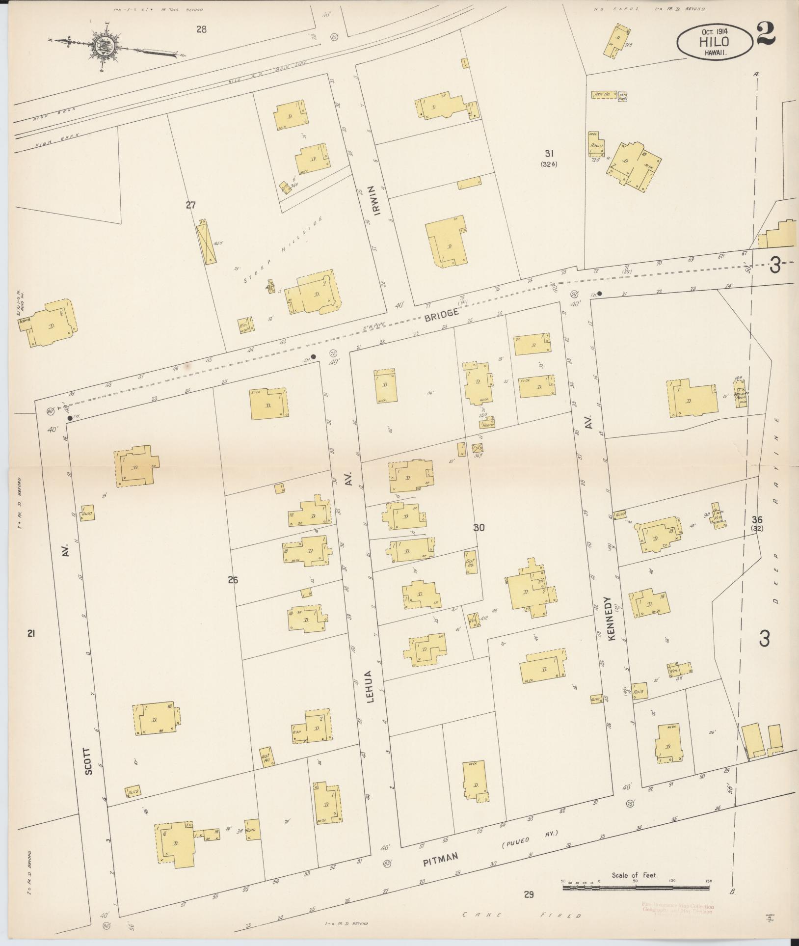 Sanborn Fire Insurance Map from Hilo, Hawaii County, Hawaii (1914), Sheet #0002 - Historic Sanborn Fire Insurance Map Print, vintage old map wall art