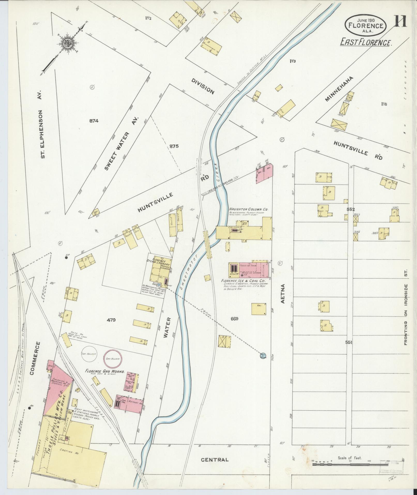 Sanborn Fire Insurance Map from Florence, Lauderdale County, Alabama (1910), Sheet #0011 - Complete Map Set gallery image, historic Sanborn map, vintage wall art, Alabama Alabama