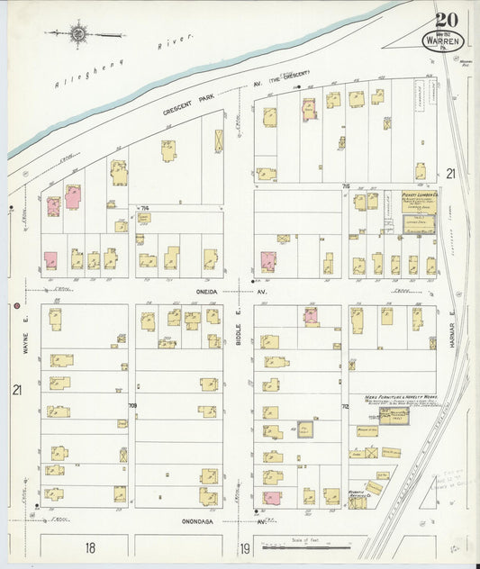 Sanborn Fire Insurance Map from Warren, Warren County, Pennsylvania (1912), Sheet #0020 - Historic Sanborn Fire Insurance Map Print, vintage old map wall art, antique decor, genealogy gift, Pennsylvania Pennsylvania map