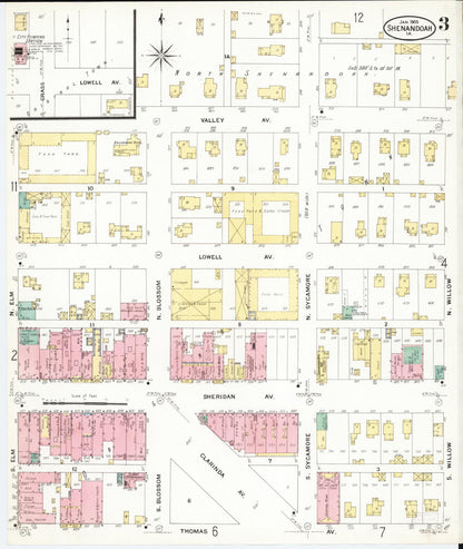 Sanborn Fire Insurance Map from Shenandoah, Page County, Iowa (1909), Sheet #0003 - Historic Sanborn Fire Insurance Map Print, vintage old map wall art