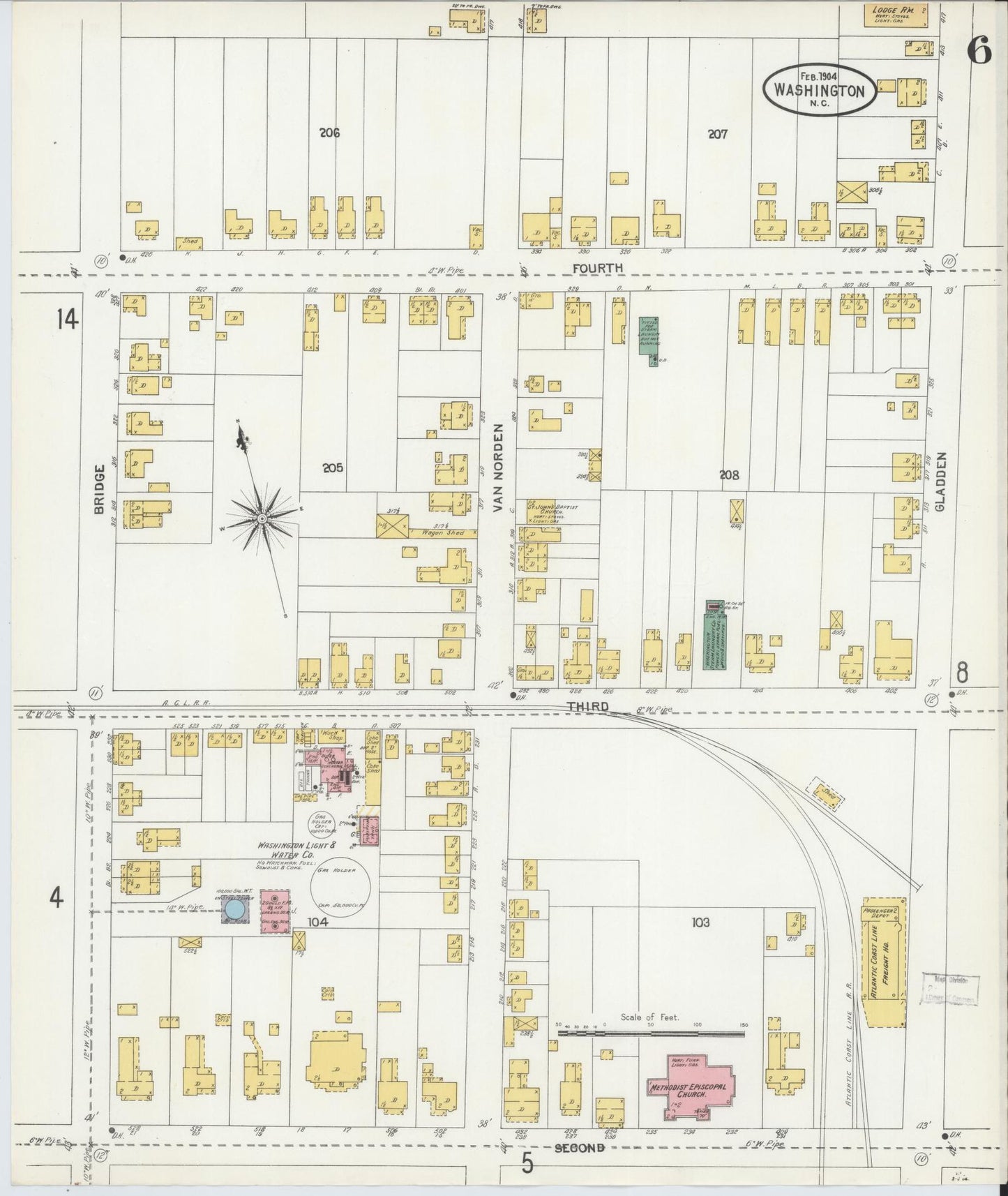 Sanborn Fire Insurance Map from Washington, Beaufort County, North Carolina (1904), Sheet #0006 - Complete Map Set gallery image, historic Sanborn map, vintage wall art, North Carolina North Carolina