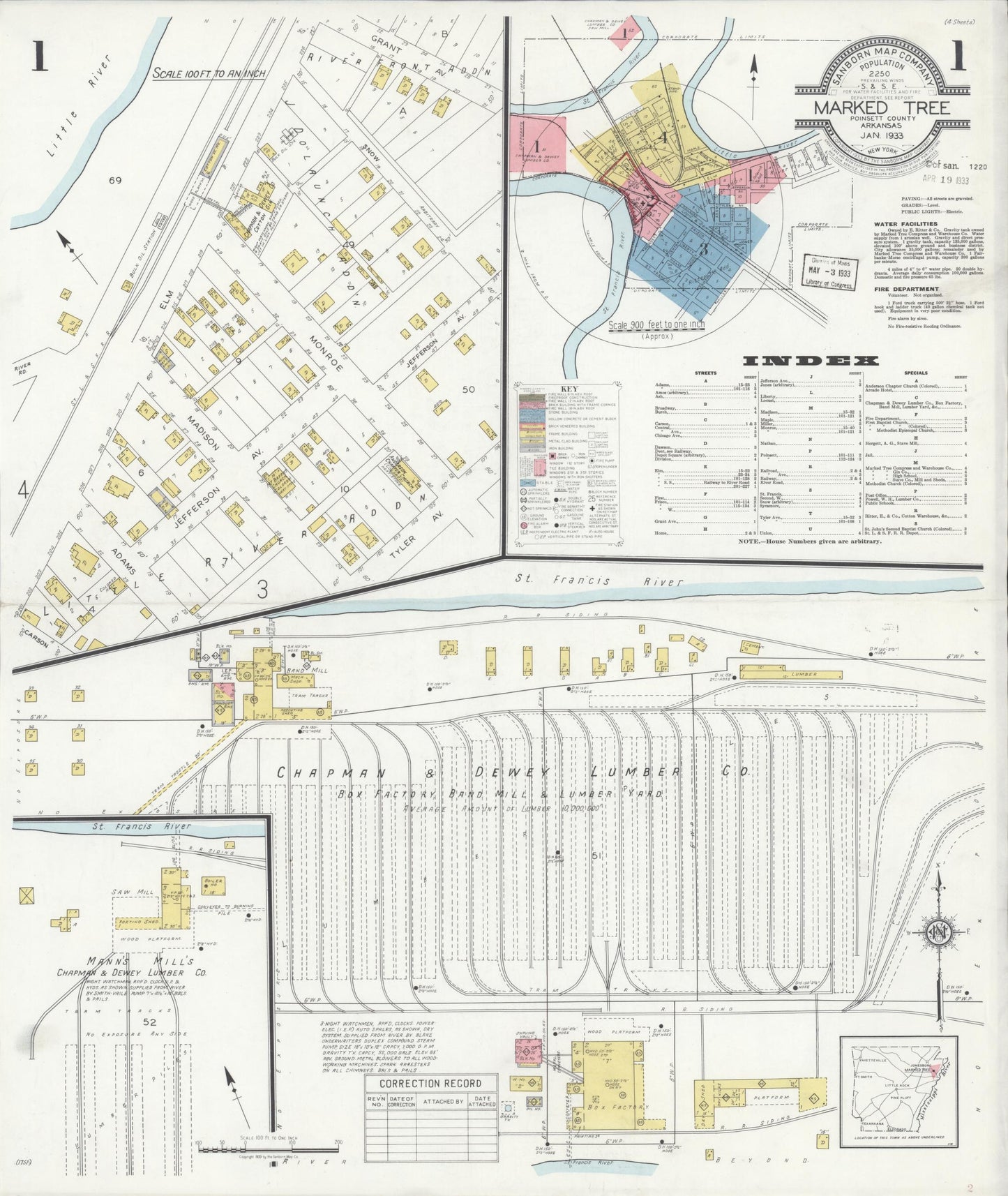 Sanborn Fire Insurance Map from Marked Tree, Poinsett County, Arkansas (1933), Sheet #0001 - Historic Sanborn Fire Insurance Map Print, vintage old map wall art, antique decor, genealogy gift, Arkansas Arkansas map