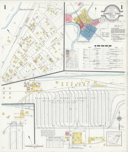 Sanborn Fire Insurance Map from Marked Tree, Poinsett County, Arkansas (1933), Sheet #0001 - Historic Sanborn Fire Insurance Map Print, vintage old map wall art, antique decor, genealogy gift, Arkansas Arkansas map