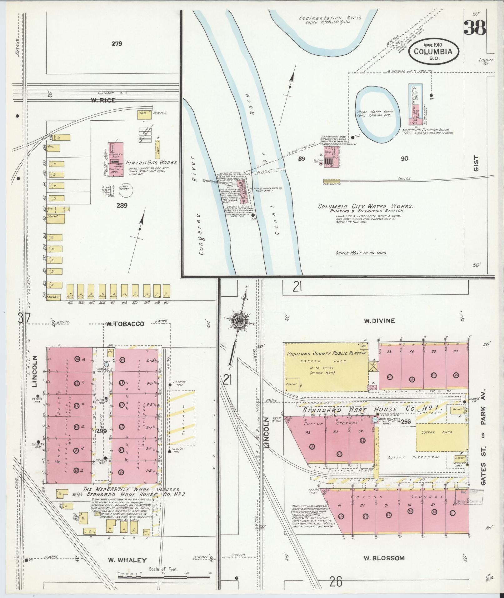 Sanborn Fire Insurance Map from Columbia, Richland County, South Carolina (1910), Sheet #0038 - Historic Sanborn Fire Insurance Map Print, vintage old map wall art, antique decor, genealogy gift, South Carolina South Carolina map