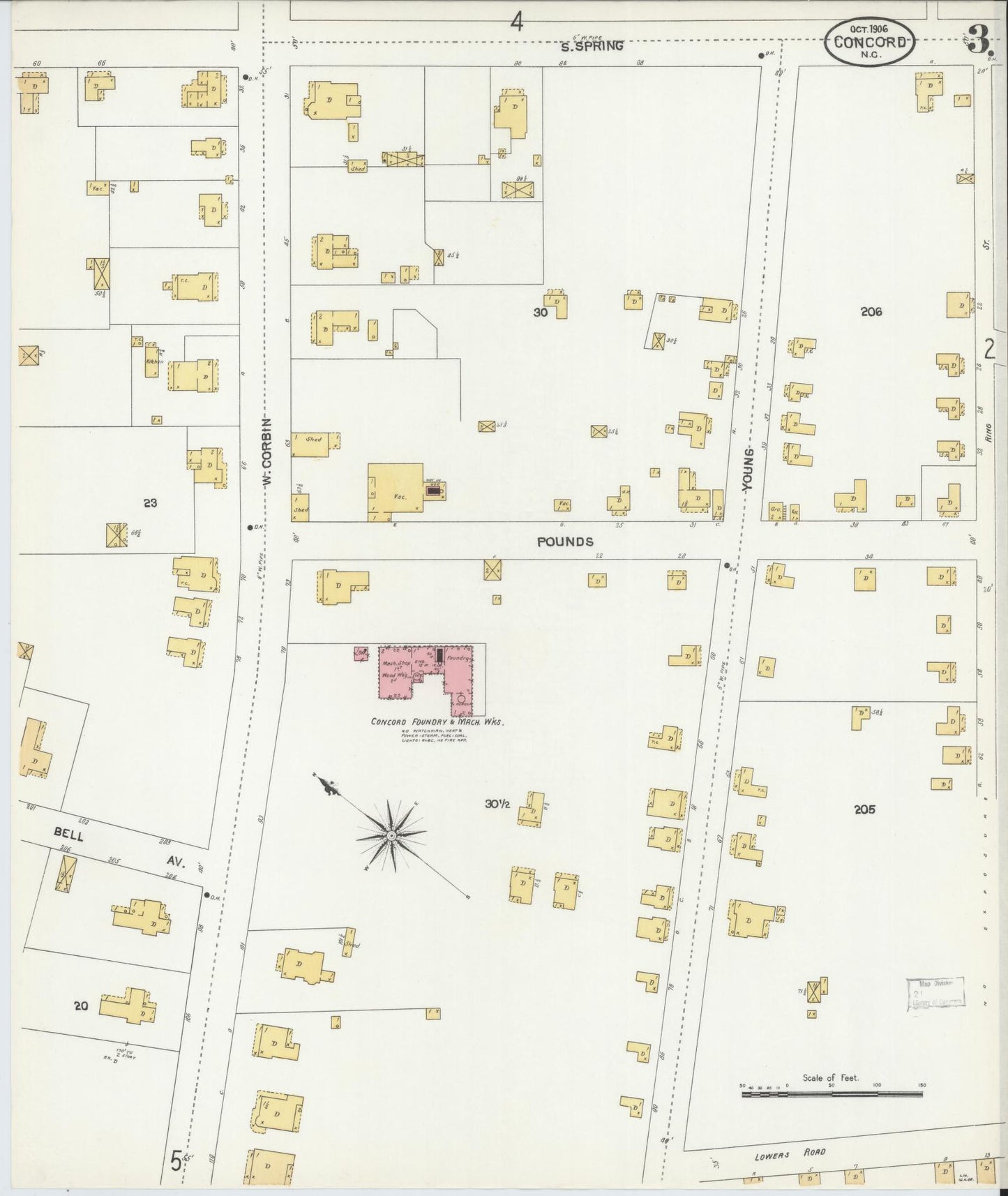 Sanborn Fire Insurance Map from Concord, Cabarrus County, North Carolina (1906), Sheet #0003 - Historic Sanborn Fire Insurance Map Print, vintage old map wall art, antique decor, genealogy gift, North Carolina North Carolina map