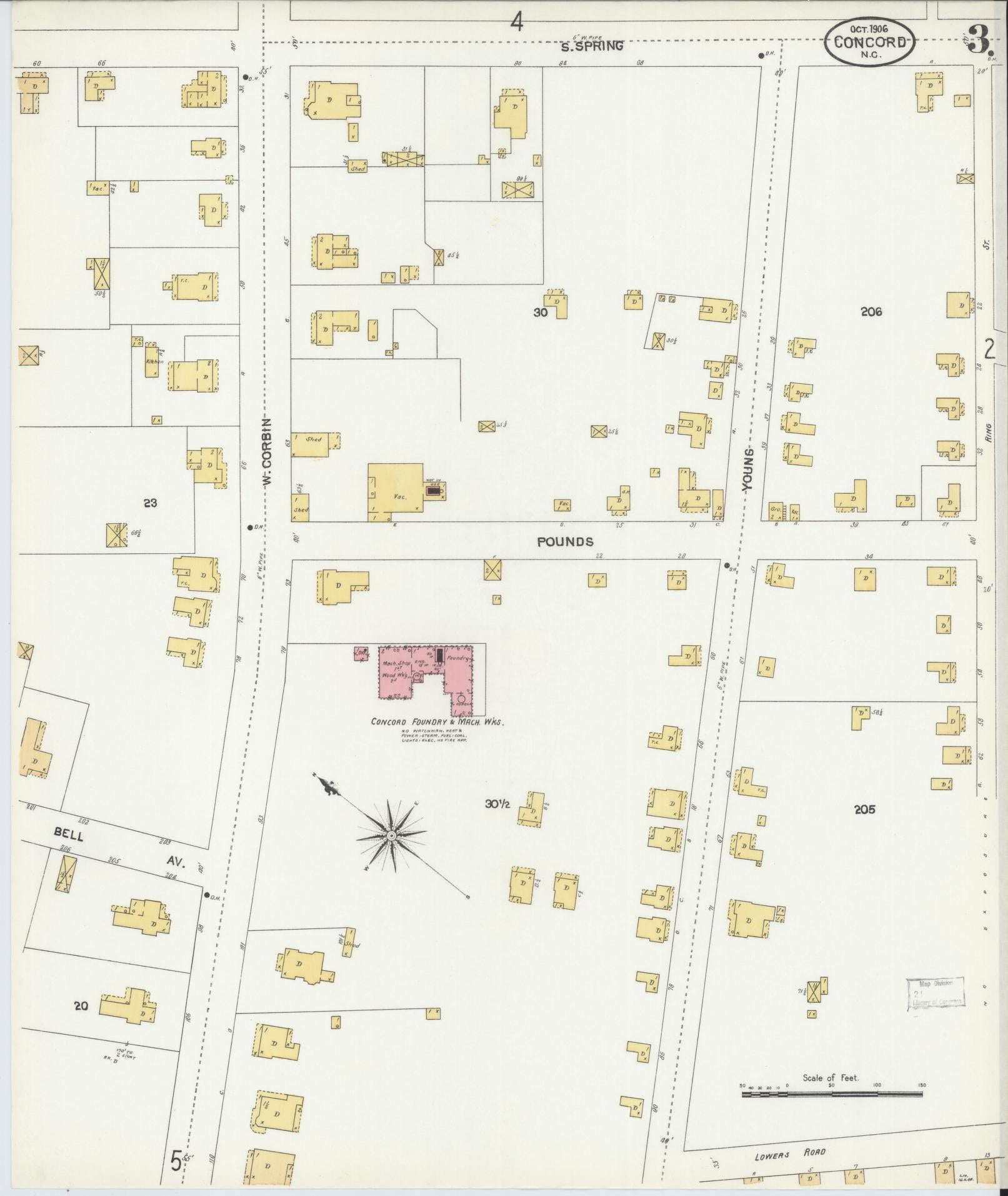 Sanborn Fire Insurance Map from Concord, Cabarrus County, North Carolina (1906), Sheet #0003 - Historic Sanborn Fire Insurance Map Print, vintage old map wall art, antique decor, genealogy gift, North Carolina North Carolina map
