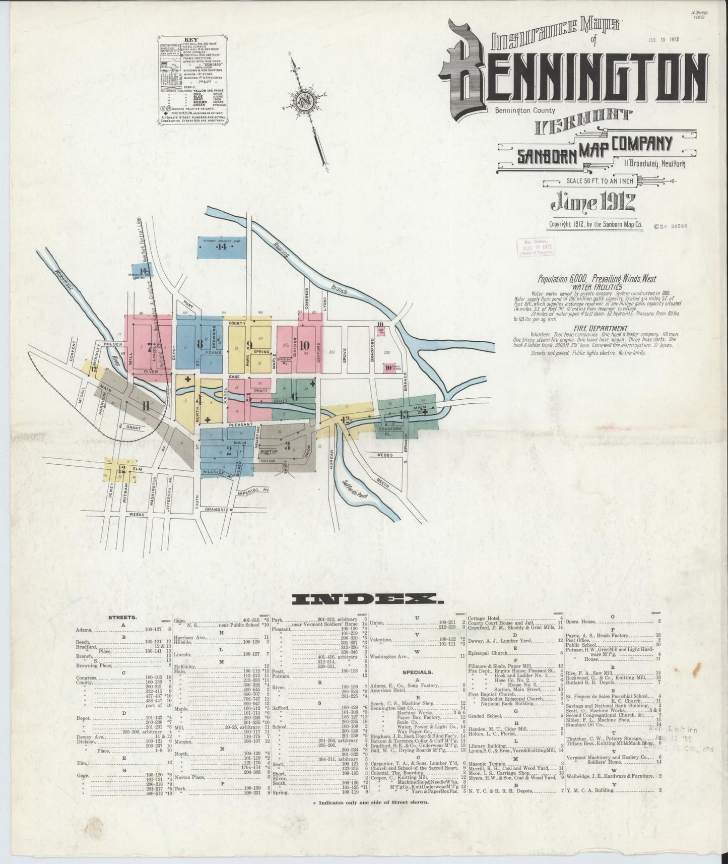 Sanborn Fire Insurance Map from Bennington, Bennington County, Vermont (1912), Sheet #0001 - Complete Map Set gallery image, historic Sanborn map, vintage wall art, Vermont Vermont