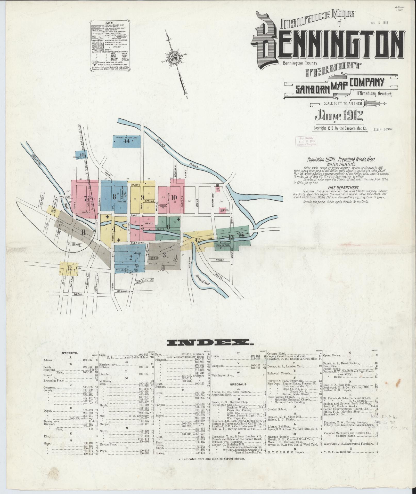 Sanborn Fire Insurance Map from Bennington, Bennington County, Vermont (1912), Sheet #0001 - Complete Map Set gallery image, historic Sanborn map, vintage wall art, Vermont Vermont