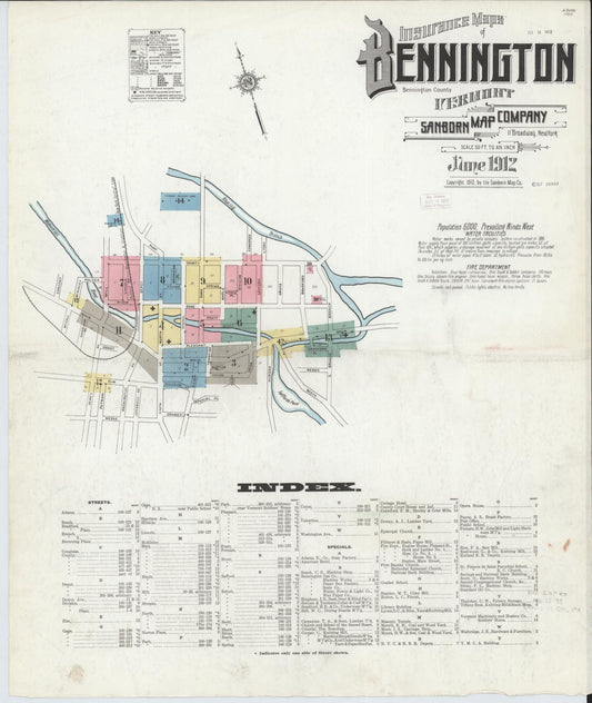 Sanborn Fire Insurance Map from Bennington, Bennington County, Vermont (1912), Sheet #0001 - Complete Map Set gallery image, historic Sanborn map, vintage wall art, Vermont Vermont