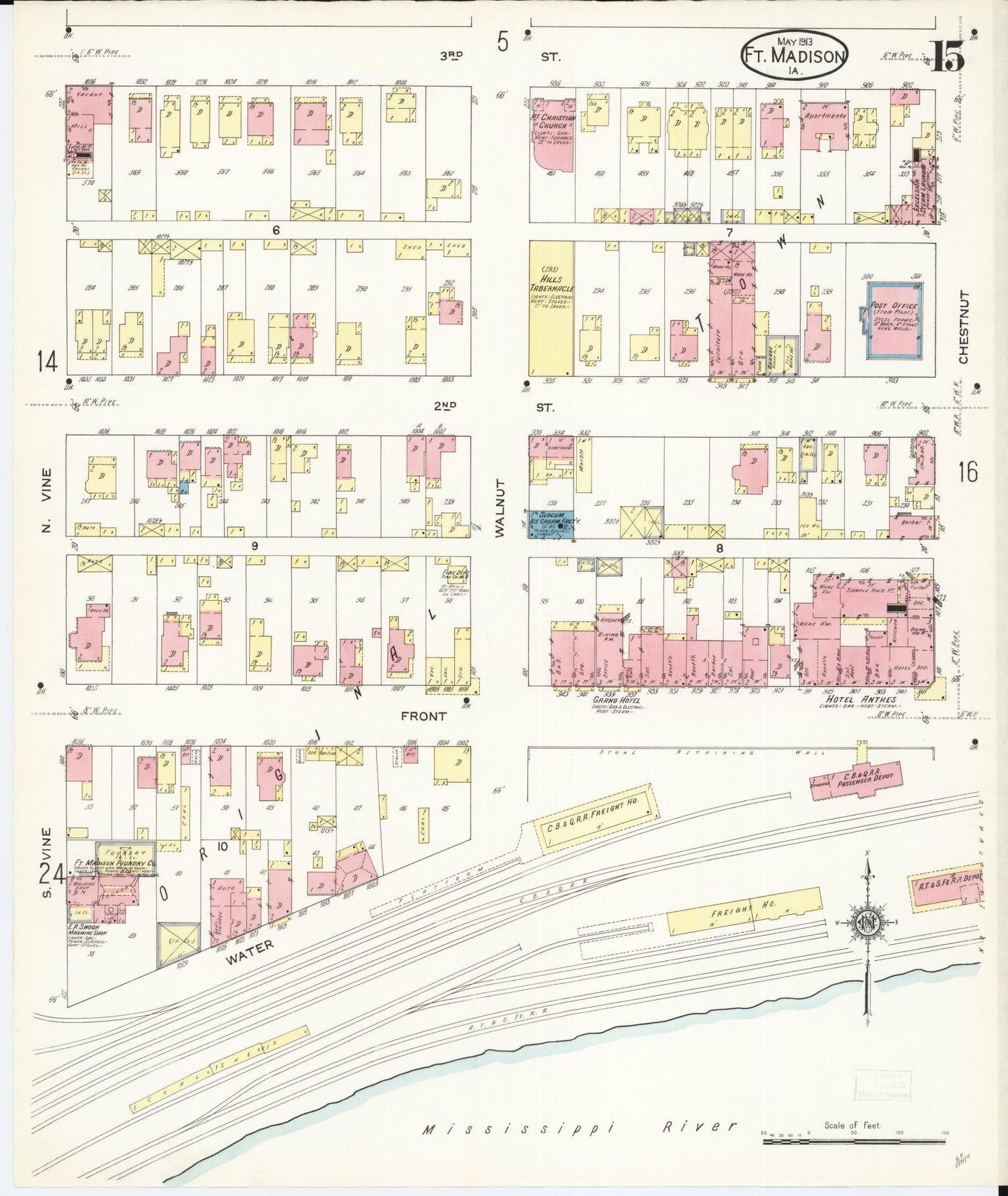 Sanborn Fire Insurance Map from Fort Madison, Lee County, Iowa (1913), Sheet #0015 - Historic Sanborn Fire Insurance Map Print, vintage old map wall art