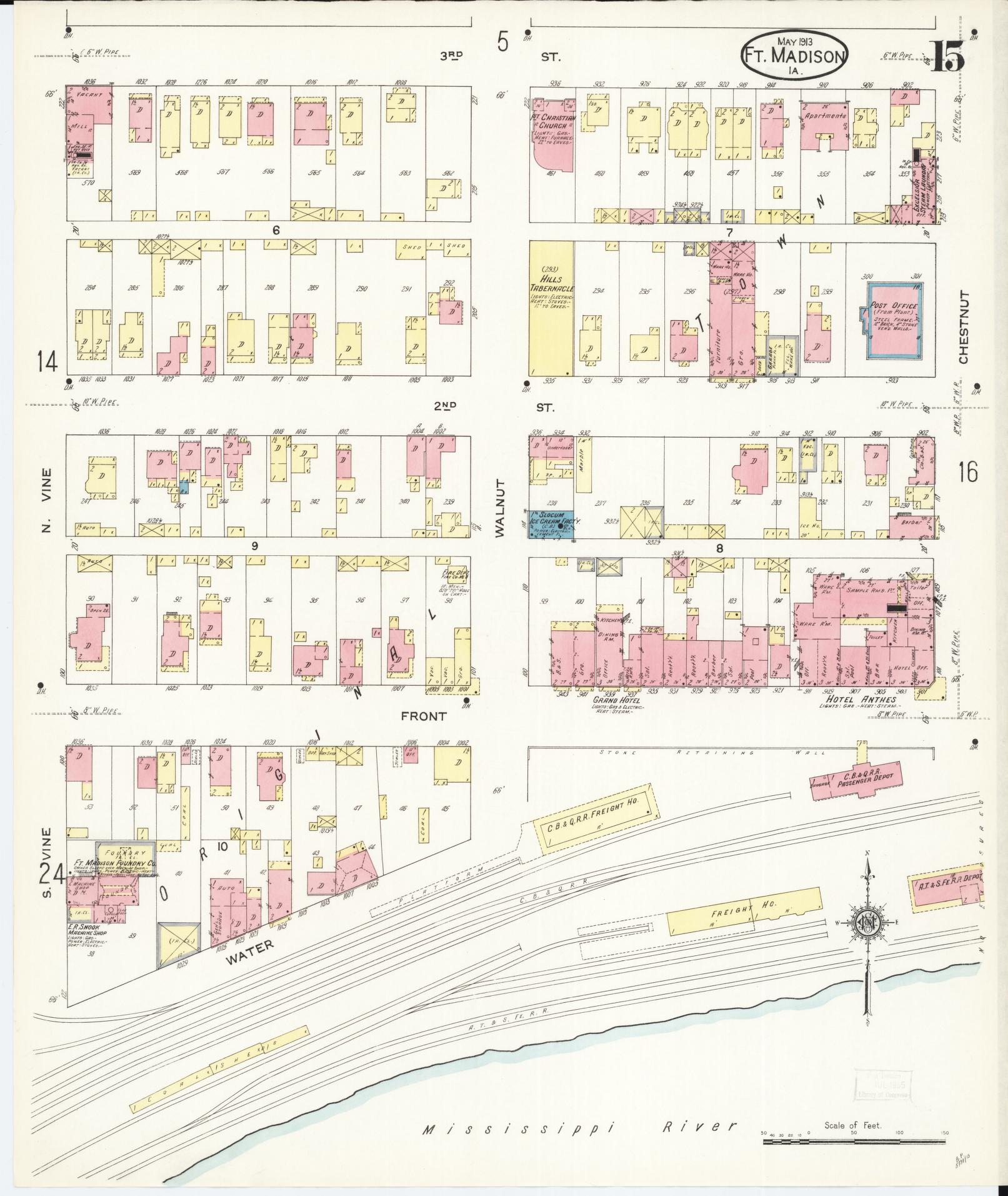 Sanborn Fire Insurance Map from Fort Madison, Lee County, Iowa (1913), Sheet #0015 - Historic Sanborn Fire Insurance Map Print, vintage old map wall art