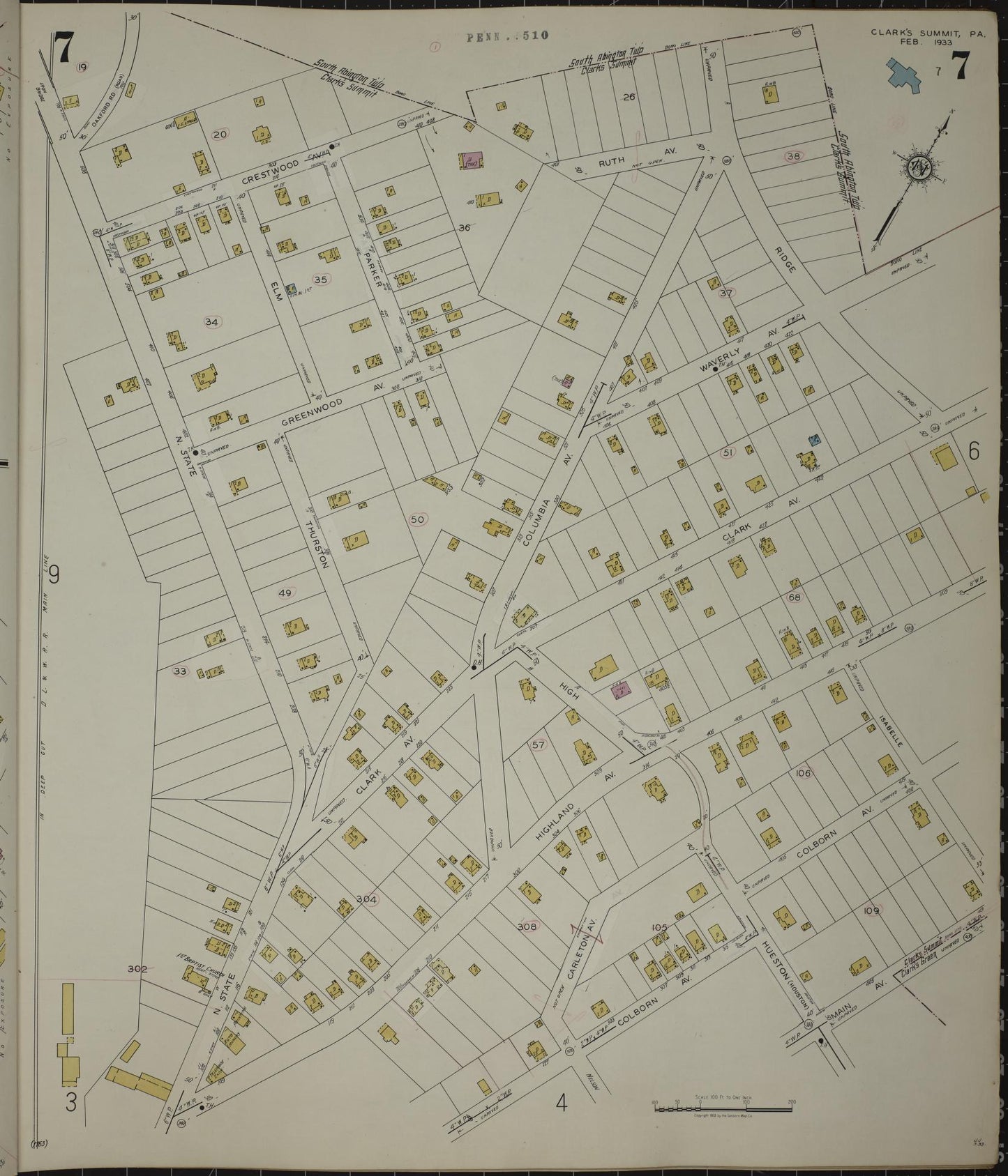 Sanborn Fire Insurance Map from Clark's Summit, Lackawanna County, Pennsylvania (1942), Sheet #0007 - Historic Sanborn Fire Insurance Map Print, vintage old map wall art, antique decor, genealogy gift, Pennsylvania Pennsylvania map
