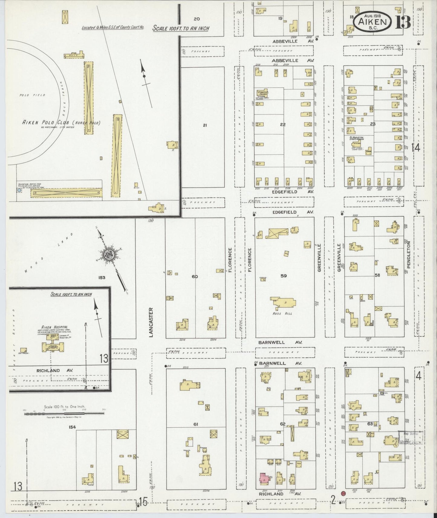 Sanborn Fire Insurance Map from Aiken, Aiken County, South Carolina (1918), Sheet #0013 - Complete Map Set gallery image, historic Sanborn map, vintage wall art, South Carolina South Carolina