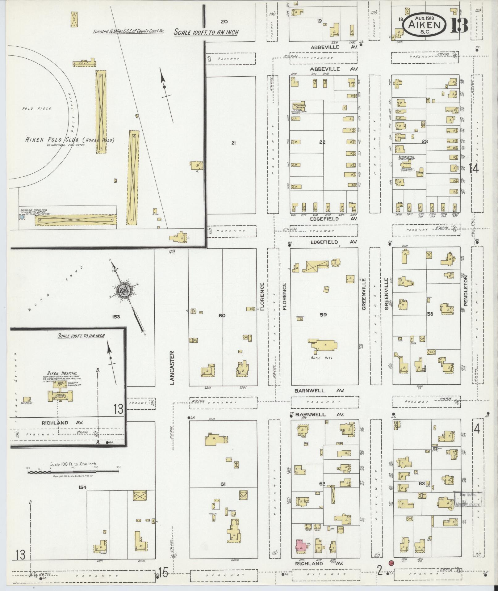 Sanborn Fire Insurance Map from Aiken, Aiken County, South Carolina (1918), Sheet #0013 - Complete Map Set gallery image, historic Sanborn map, vintage wall art, South Carolina South Carolina