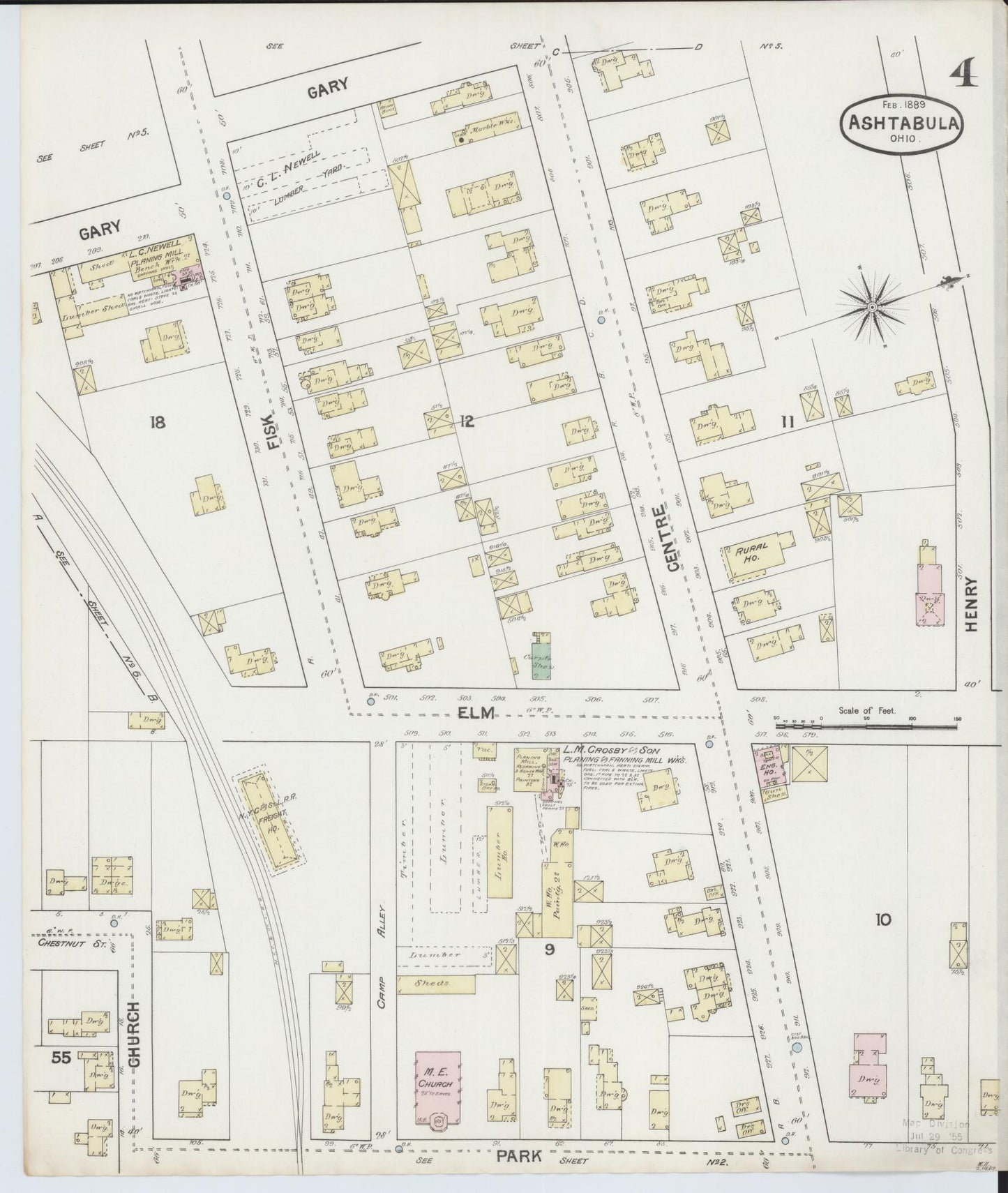 Sanborn Fire Insurance Map from Ashtabula, Ashtabula County, Ohio (1889), Sheet #0004 - Historic Sanborn Fire Insurance Map Print, vintage old map wall art, antique decor, genealogy gift, Ohio Ohio map