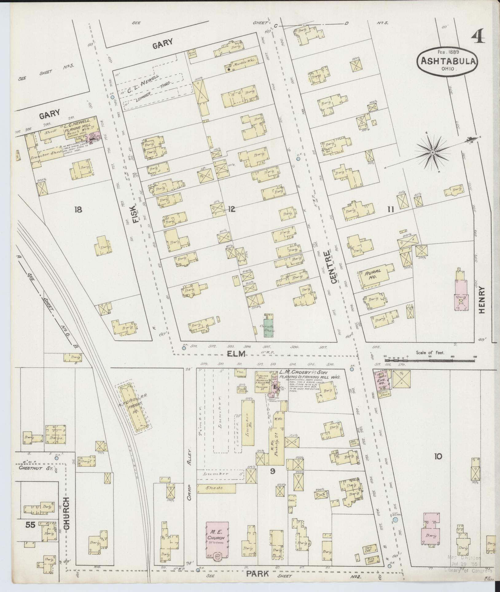Sanborn Fire Insurance Map from Ashtabula, Ashtabula County, Ohio (1889), Sheet #0004 - Historic Sanborn Fire Insurance Map Print, vintage old map wall art, antique decor, genealogy gift, Ohio Ohio map
