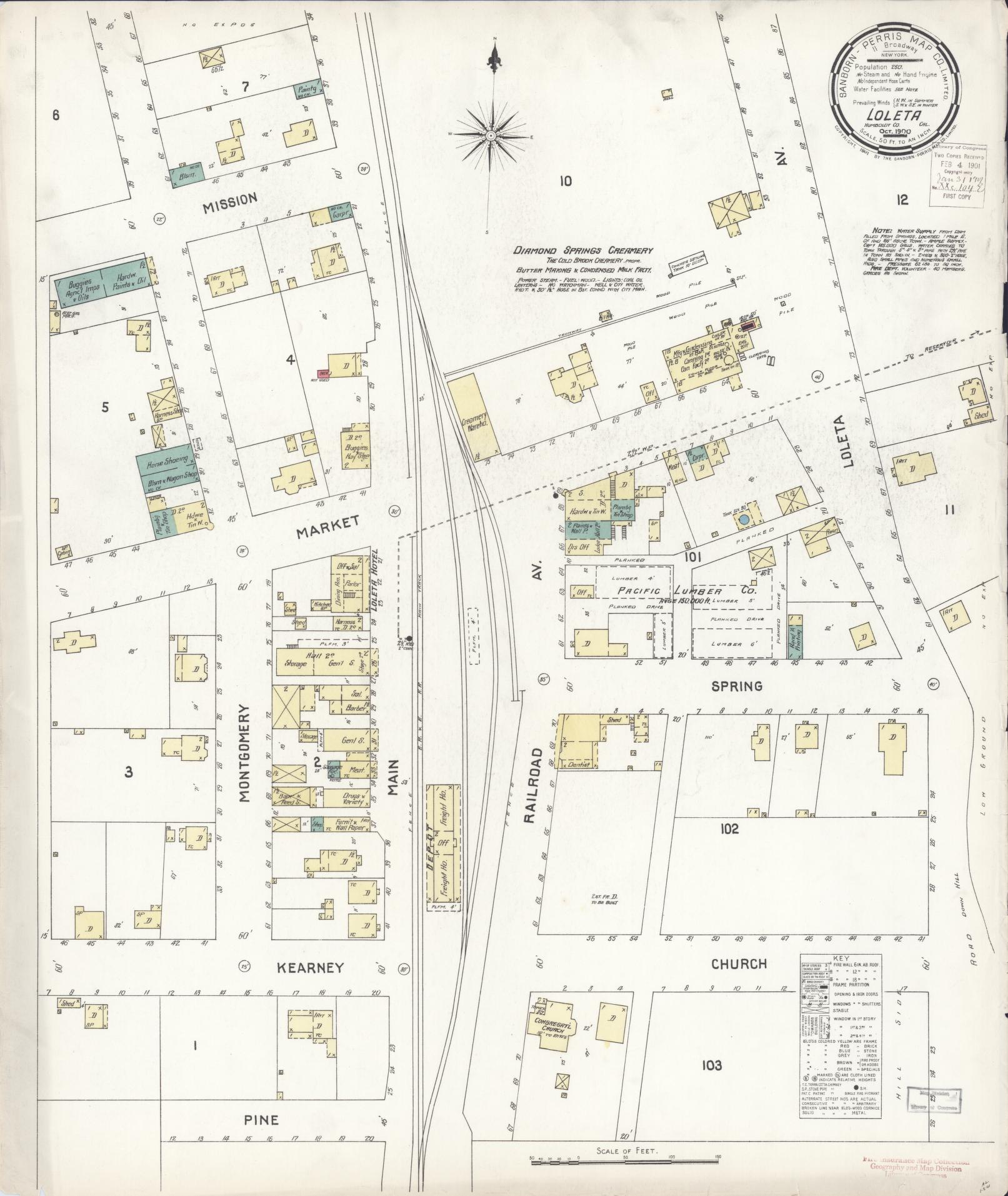 Sanborn Fire Insurance Map from Loleta, Humboldt County, California (1900), Sheet #0001 - Historic Sanborn Fire Insurance Map Print, vintage old map wall art, antique decor, genealogy gift, California California map