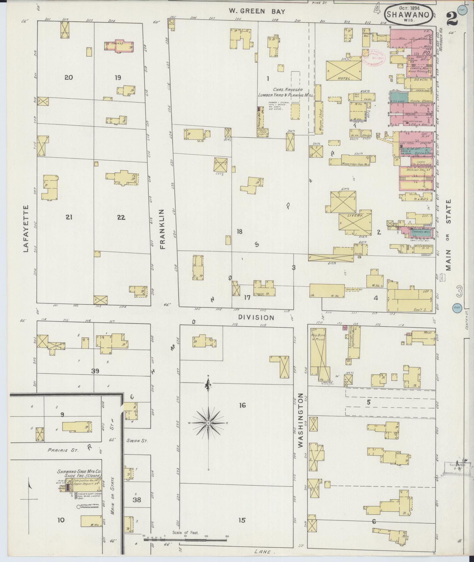 Sanborn Fire Insurance Map from Shawano, Shawano County, Wisconsin (1894), Sheet #0002 - Historic Sanborn Fire Insurance Map Print, vintage old map wall art, antique decor, genealogy gift, Wisconsin Wisconsin map