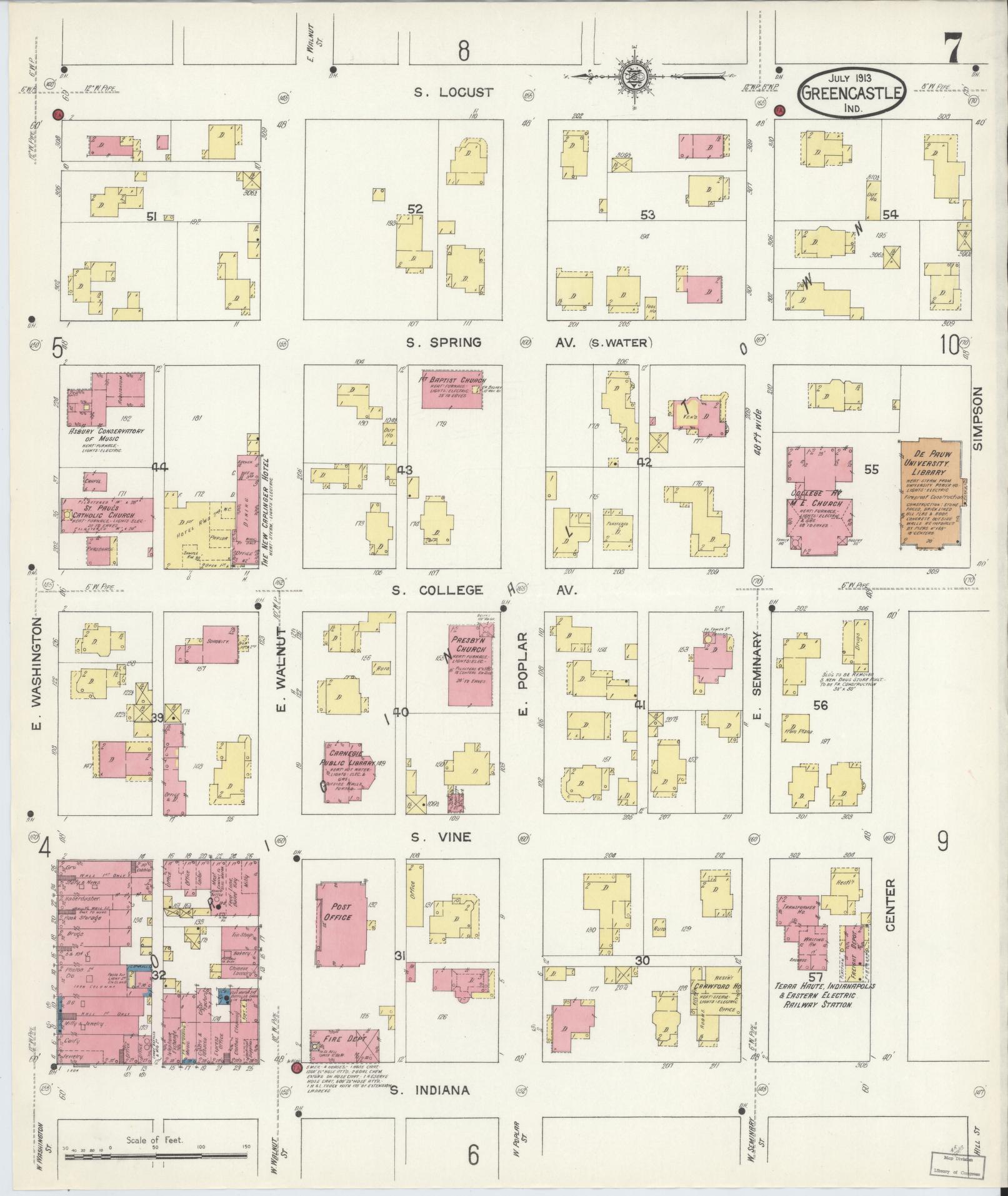 Sanborn Fire Insurance Map from Greencastle, Putnam County, Indiana (1913), Sheet #0007 - Complete Map Set gallery image, historic Sanborn map, vintage wall art, Indiana Indiana