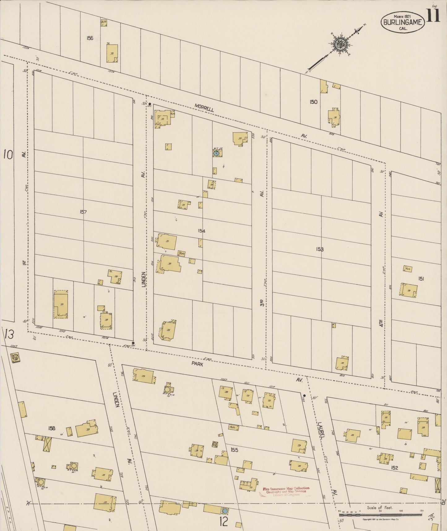 Sanborn Fire Insurance Map from Burlingame, San Mateo County, California (1921), Sheet #0011 - Historic Sanborn Fire Insurance Map Print, vintage old map wall art, antique decor, genealogy gift, California California map