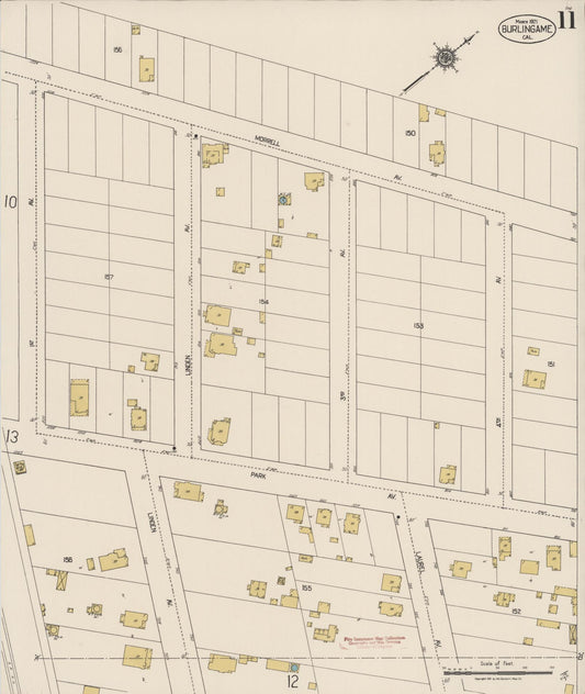 Sanborn Fire Insurance Map from Burlingame, San Mateo County, California (1921), Sheet #0011 - Historic Sanborn Fire Insurance Map Print, vintage old map wall art, antique decor, genealogy gift, California California map