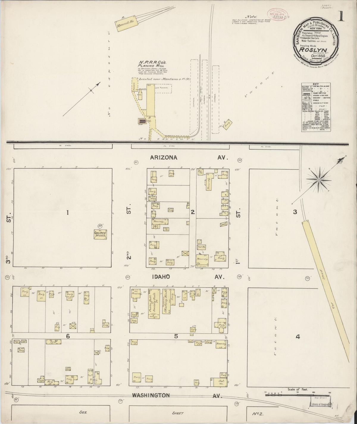 Sanborn Fire Insurance Map from Roslyn, Kittitas County, Washington (1888), Sheet #0001 - Historic Sanborn Fire Insurance Map Print, vintage old map wall art, antique decor, genealogy gift, Washington Washington map