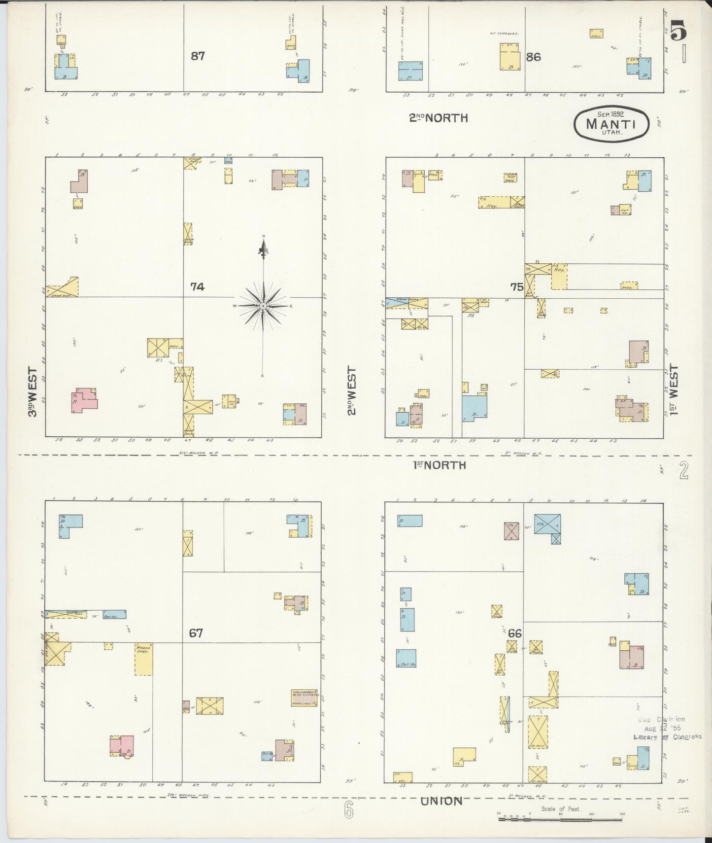 Sanborn Fire Insurance Map from Manti, Sanpete County, Utah (1892), Sheet #0005 - Complete Map Set gallery image, historic Sanborn map, vintage wall art, Utah Utah