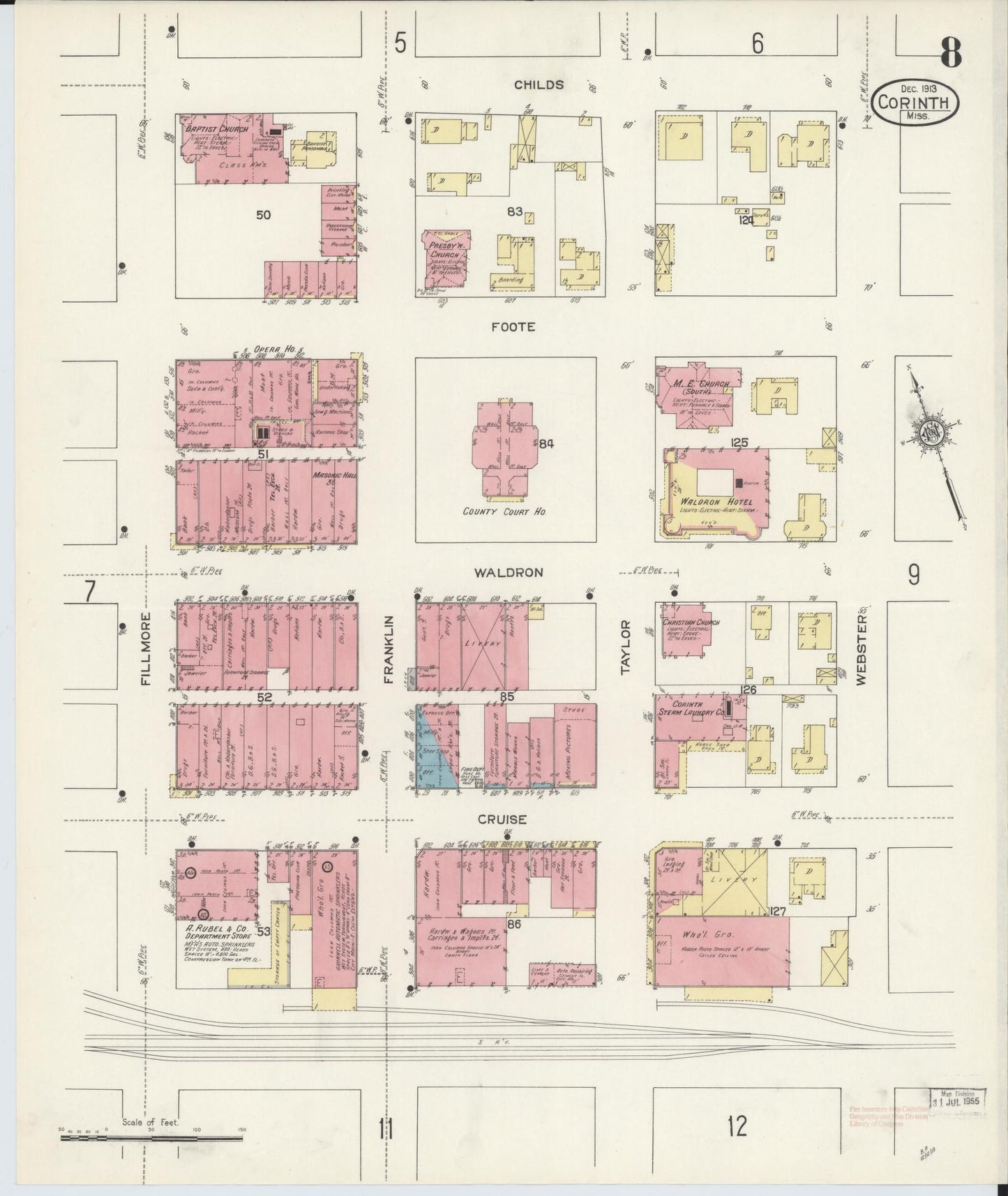 Sanborn Fire Insurance Map from Corinth, Alcorn County, Mississippi (1913), Sheet #0008 - Historic Sanborn Fire Insurance Map Print, vintage old map wall art, antique decor, genealogy gift, Mississippi Mississippi map