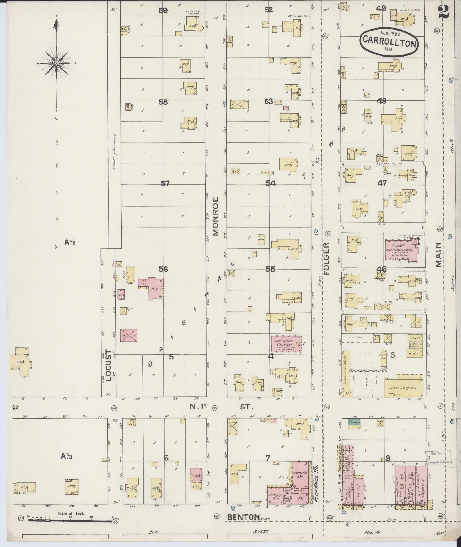 Sanborn Fire Insurance Map from Carrollton, Carroll County, Missouri (1888), Sheet #0002 - Historic Sanborn Fire Insurance Map Print, vintage old map wall art, antique decor, genealogy gift, Missouri Missouri map