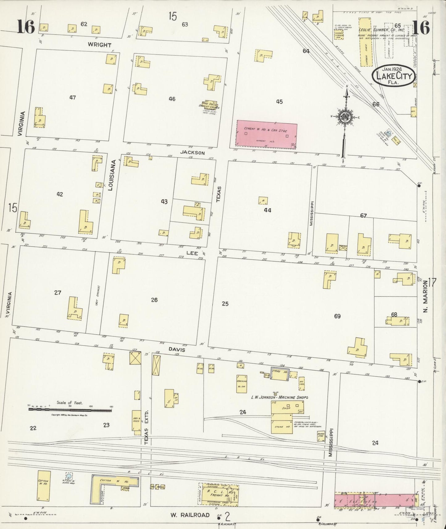 Sanborn Fire Insurance Map from Lake City, Columbia County, Florida (1924), Sheet #0016 - Historic Sanborn Fire Insurance Map Print, vintage old map wall art, antique decor, genealogy gift, Florida Florida map