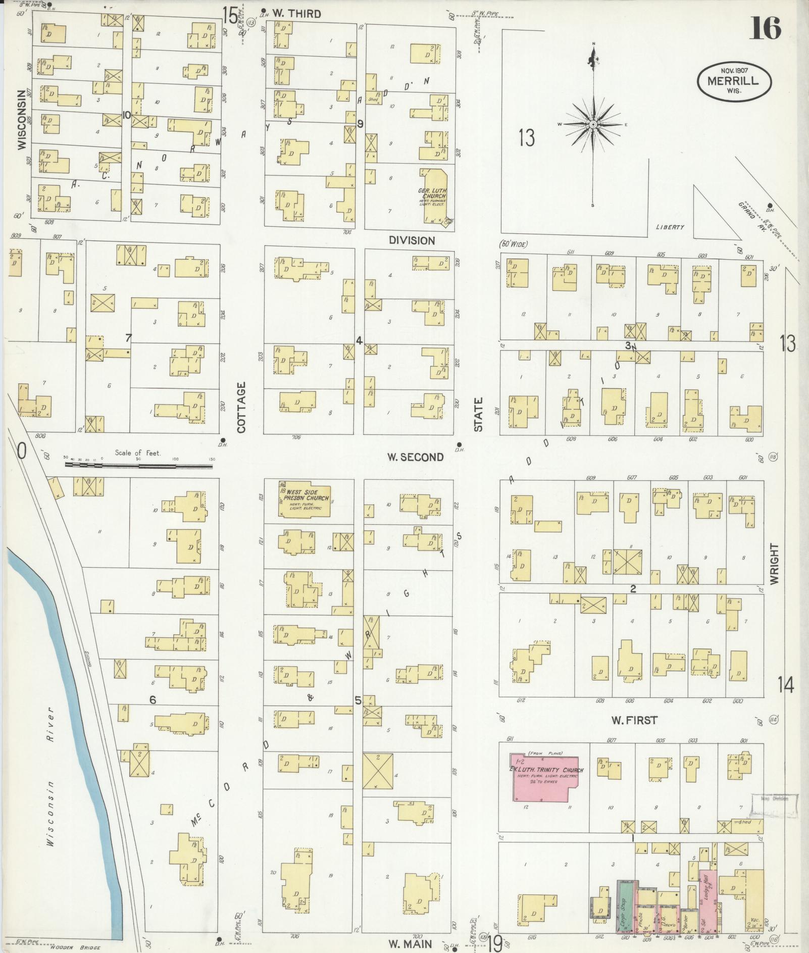 Sanborn Fire Insurance Map from Merrill, Lincoln County, Wisconsin (1907), Sheet #0016 - Complete Map Set gallery image, historic Sanborn map, vintage wall art, Wisconsin Wisconsin