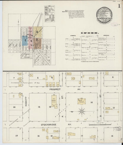 Sanborn Fire Insurance Map from Iron Mountain, Dickinson County, Michigan (1888), Sheet #0001 - Complete Map Set gallery image, historic Sanborn map, vintage wall art, Michigan Michigan