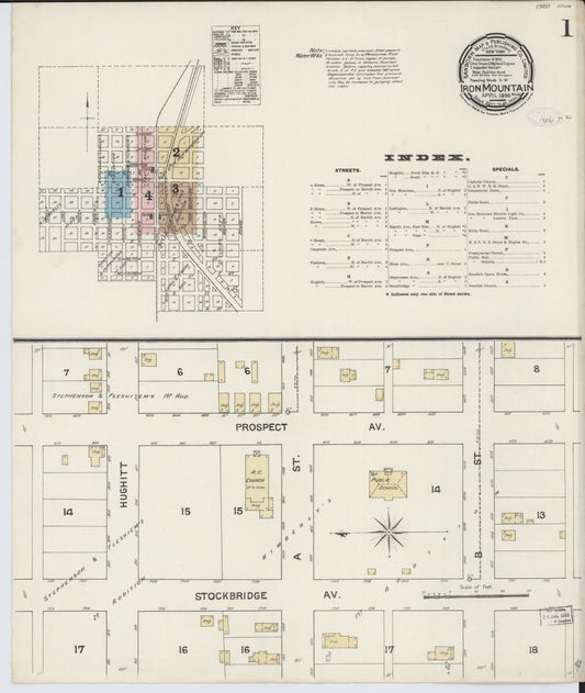 Sanborn Fire Insurance Map from Iron Mountain, Dickinson County, Michigan (1888), Sheet #0001 - Complete Map Set gallery image, historic Sanborn map, vintage wall art, Michigan Michigan