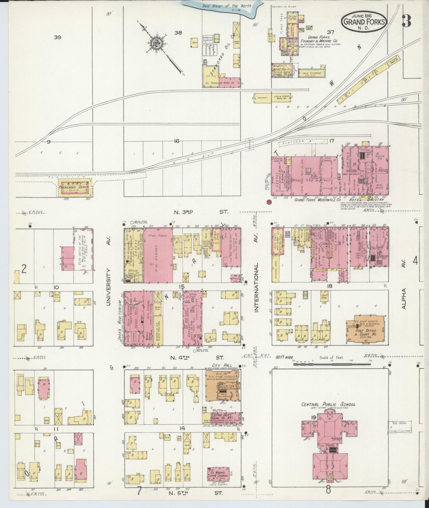 Sanborn Fire Insurance Map from Grand Forks, Grand Forks County, North Dakota (1916), Sheet #0003 - Historic Sanborn Fire Insurance Map Print, vintage old map wall art, antique decor, genealogy gift, North Dakota North Dakota map