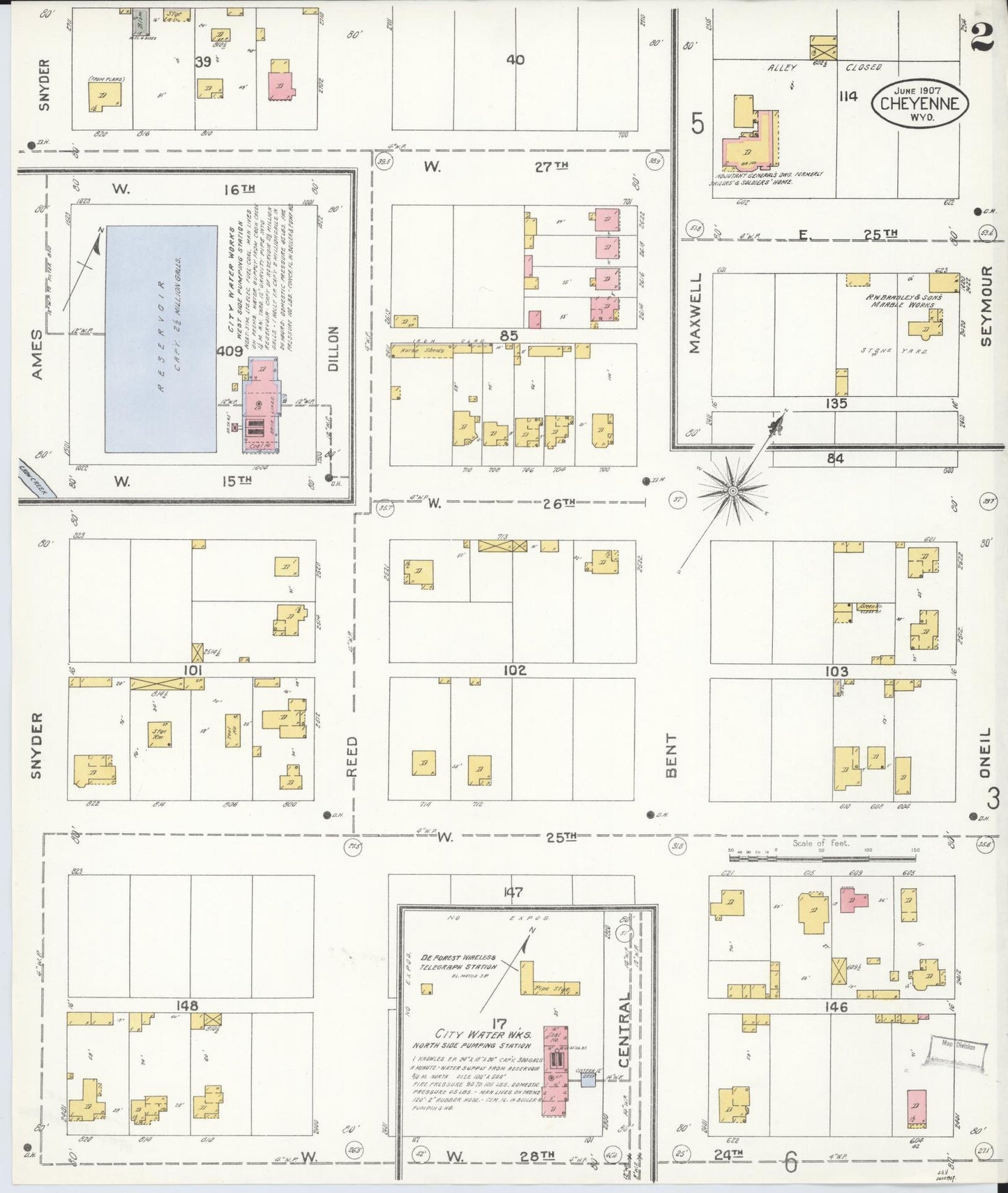 Sanborn Fire Insurance Map from Cheyenne, Laramie County, Wyoming (1907), Sheet #0002 - Complete Map Set gallery image, historic Sanborn map, vintage wall art, Wyoming Wyoming
