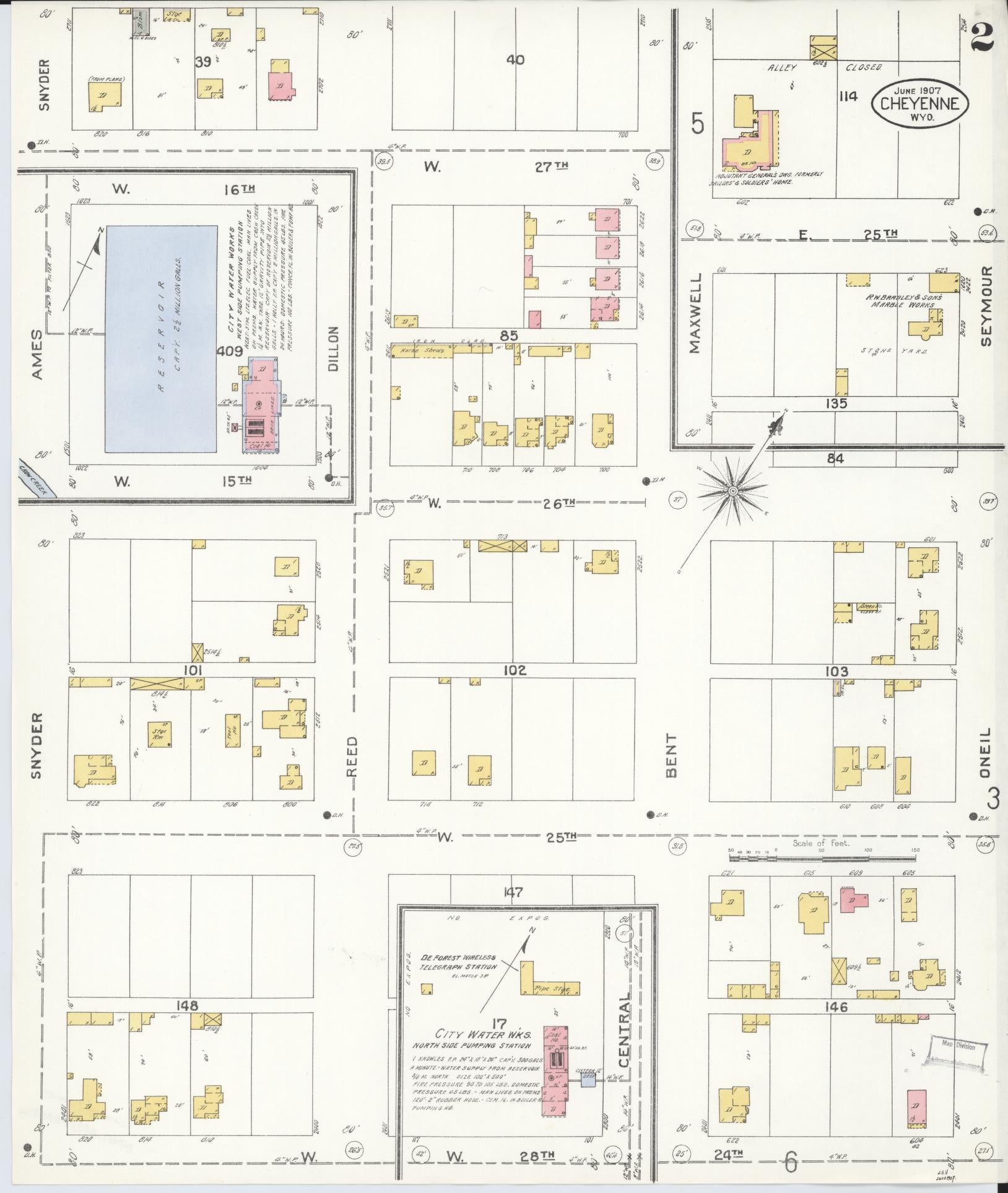 Sanborn Fire Insurance Map from Cheyenne, Laramie County, Wyoming (1907), Sheet #0002 - Complete Map Set gallery image, historic Sanborn map, vintage wall art, Wyoming Wyoming