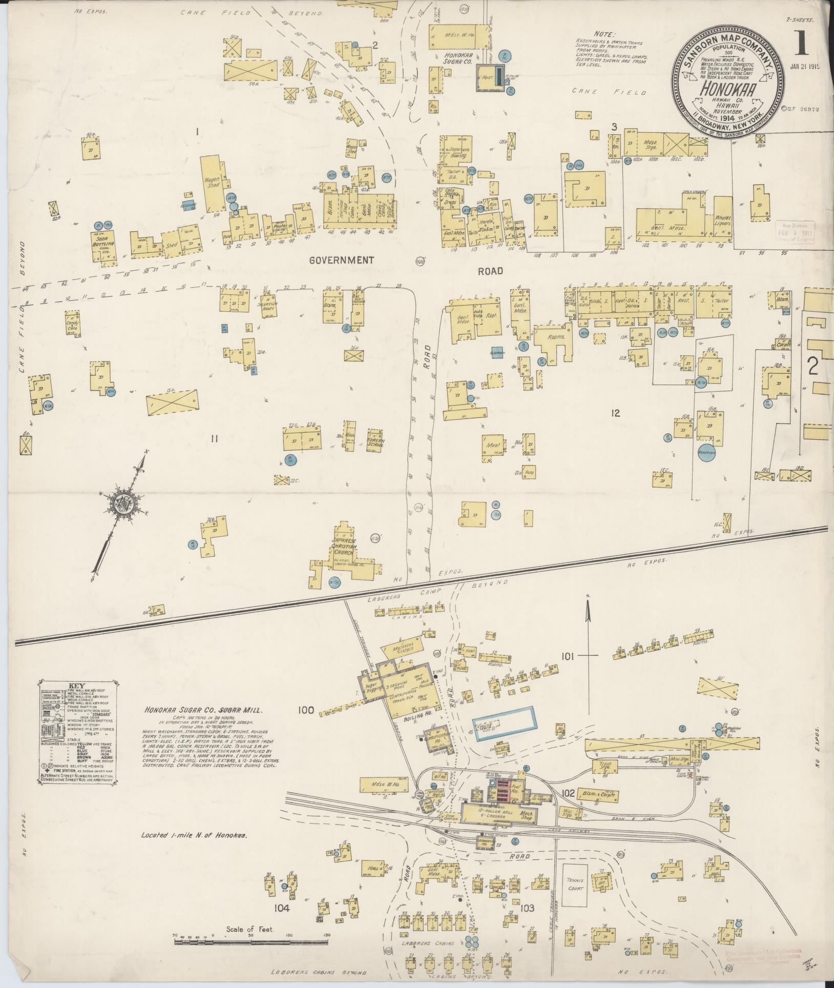 Sanborn Fire Insurance Map from Honokaa, Hawaii County, Hawaii (1914), Sheet #0001 - Historic Sanborn Fire Insurance Map Print