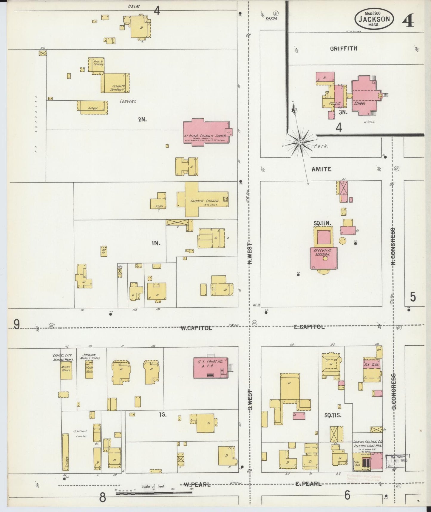 Sanborn Fire Insurance Map from Jackson, Hinds County, Mississippi (1900), Sheet #0004 - Historic Sanborn Fire Insurance Map Print, vintage old map wall art, antique decor, genealogy gift, Mississippi Mississippi map