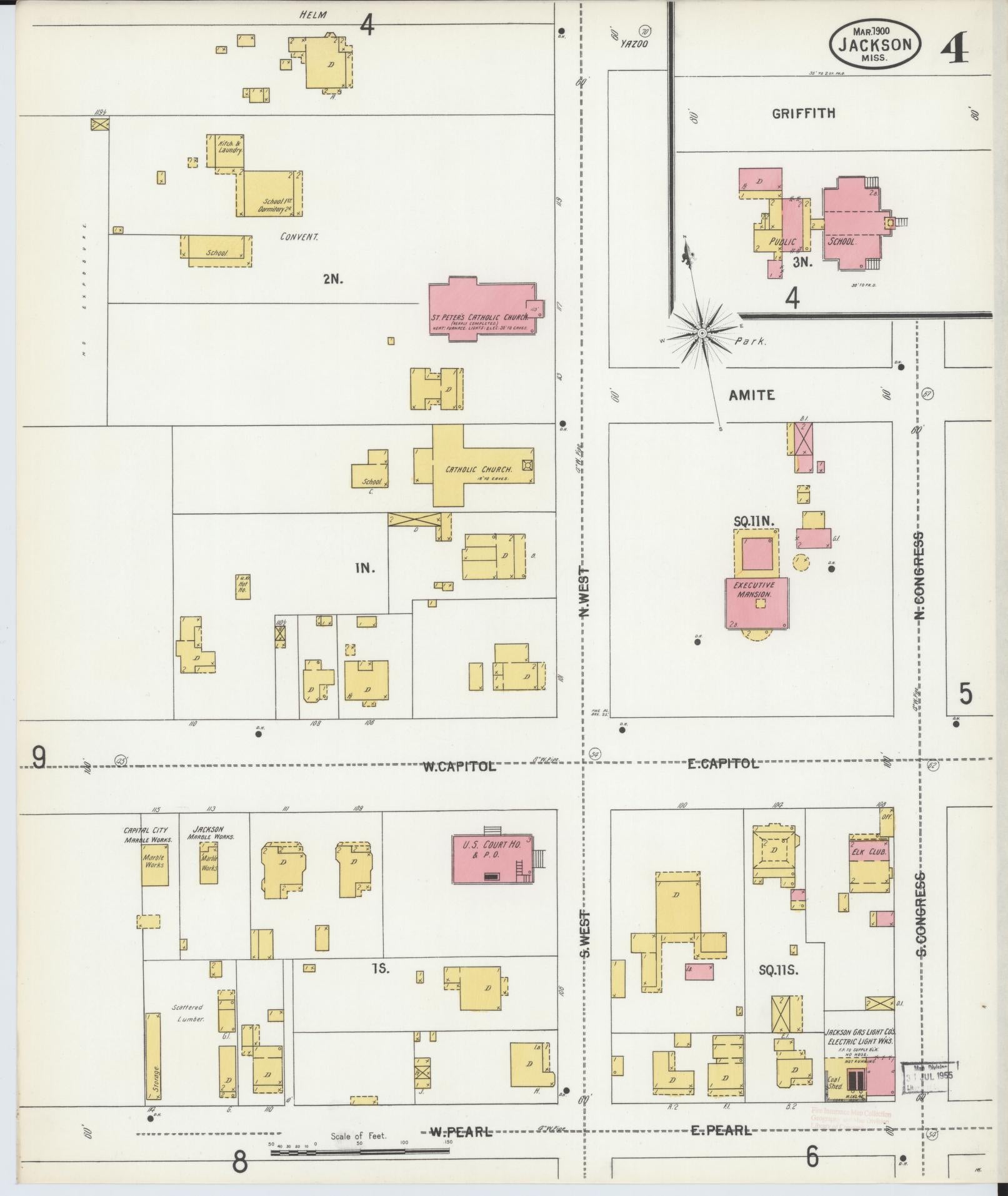 Sanborn Fire Insurance Map from Jackson, Hinds County, Mississippi (1900), Sheet #0004 - Historic Sanborn Fire Insurance Map Print, vintage old map wall art, antique decor, genealogy gift, Mississippi Mississippi map