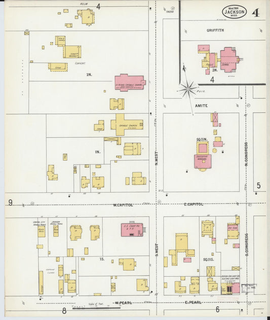 Sanborn Fire Insurance Map from Jackson, Hinds County, Mississippi (1900), Sheet #0004 - Historic Sanborn Fire Insurance Map Print, vintage old map wall art, antique decor, genealogy gift, Mississippi Mississippi map