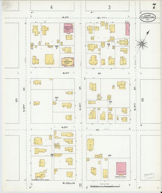 Sanborn Fire Insurance Map from Corsicana, Navarro County, Texas (1905), Sheet #0007 - Historic Sanborn Fire Insurance Map Print, vintage old map wall art, antique decor, genealogy gift, Texas Texas map