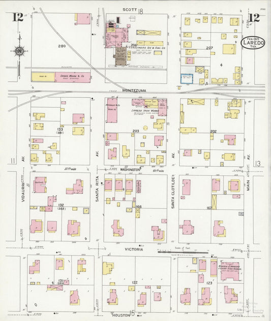Sanborn Fire Insurance Map from Laredo, Webb County, Texas (1925), Sheet #0012 - Historic Sanborn Fire Insurance Map Print, vintage old map wall art, antique decor, genealogy gift, Texas Texas map