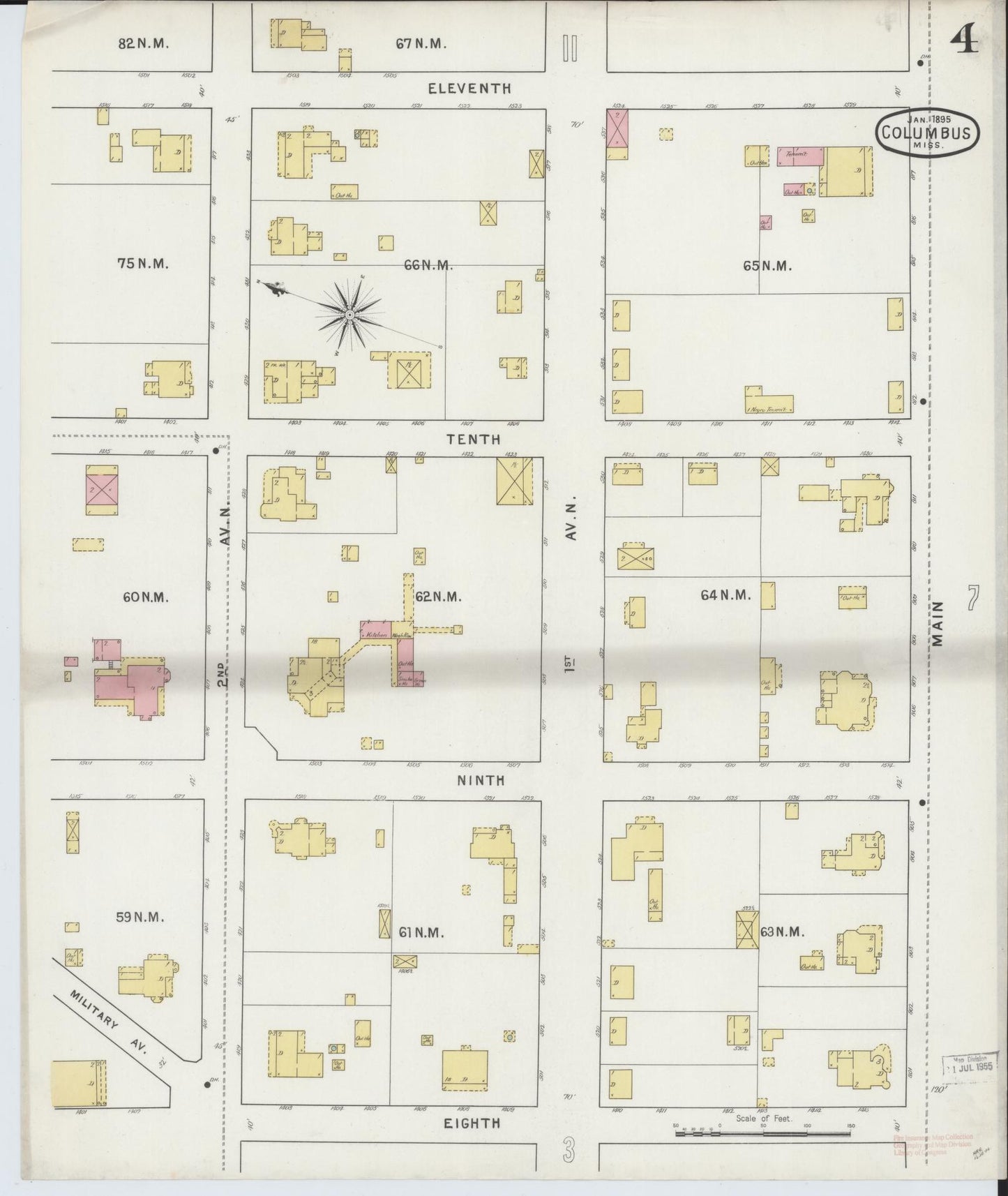 Sanborn Fire Insurance Map from Columbus, Lowndes County, Mississippi (1895), Sheet #0004 - Historic Sanborn Fire Insurance Map Print, vintage old map wall art, antique decor, genealogy gift, Mississippi Mississippi map