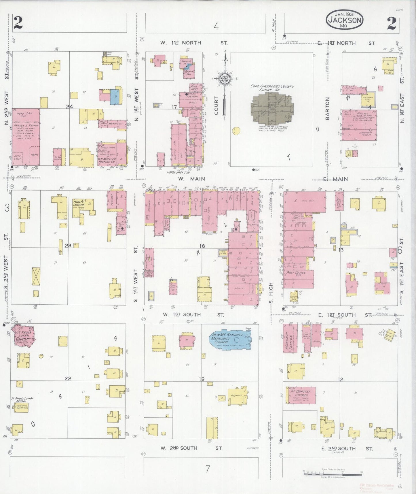 Sanborn Fire Insurance Map from Jackson, Cape Girardeau County, Missouri (1931), Sheet #0002 - Complete Map Set gallery image, historic Sanborn map, vintage wall art, Missouri Missouri