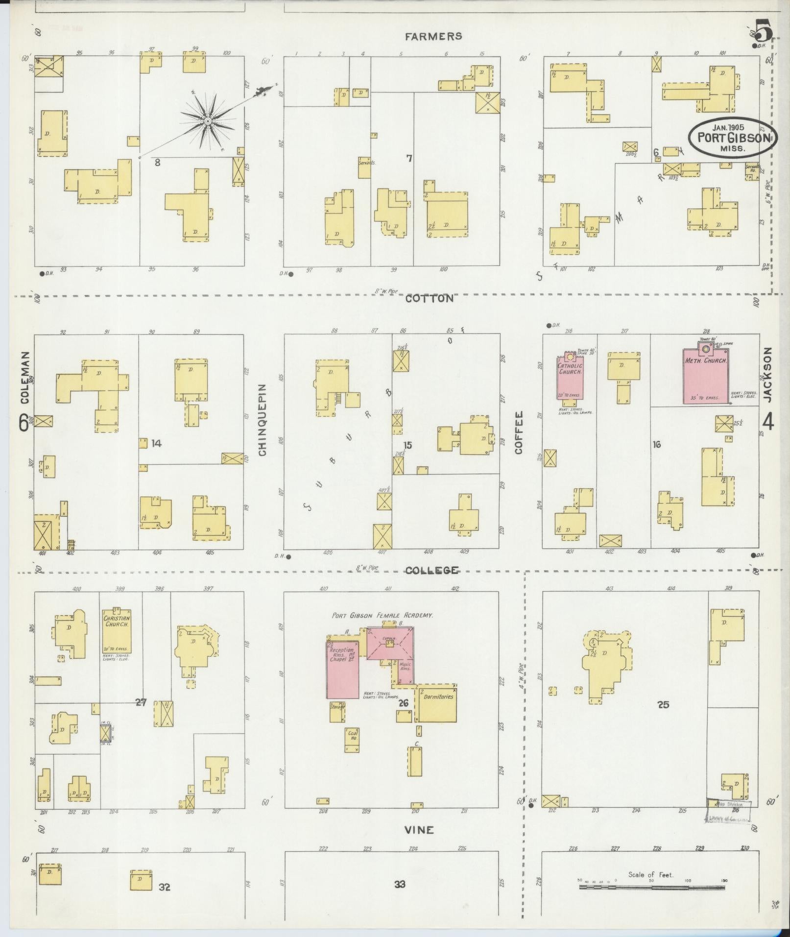 Sanborn Fire Insurance Map from Port Gibson, Claiborne County, Mississippi (1905), Sheet #0005 - Complete Map Set gallery image, historic Sanborn map, vintage wall art, Mississippi Mississippi