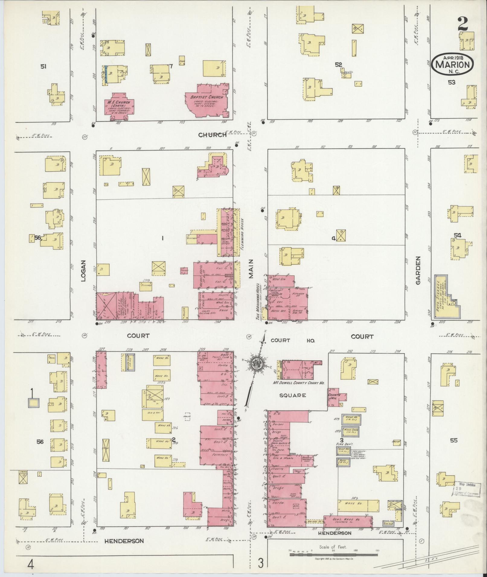 Sanborn Fire Insurance Map from Marion, Mcdowell County, North Carolina (1918), Sheet #0002 - Complete Map Set gallery image, historic Sanborn map, vintage wall art, North Carolina North Carolina
